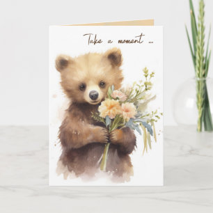 Watercolor Brown Bear With Flower Bouquet Card