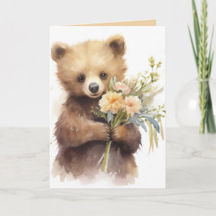 Watercolor Brown Bear With Flowers Card