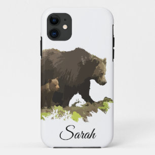 Watercolor Brown Black Mum Dad Bear & Cub Animal iPhone 11 Case