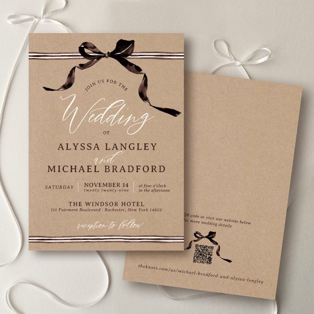 Watercolor Brown Bow Rustic Kraft Simple Wedding Invitation (Modern rustic kraft brown watercolor coquette bow elegant ribbon simple QR code wedding invitation)
