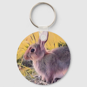 Watercolor Brown Bunny Rabbit Vintage Art Key Ring