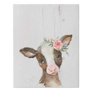 Watercolor Brown Cow, Baby Animals Nursery Faux Canvas Print