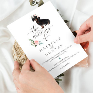 Watercolor Brown Dachshund Pet Floral Pink Rose Invitation