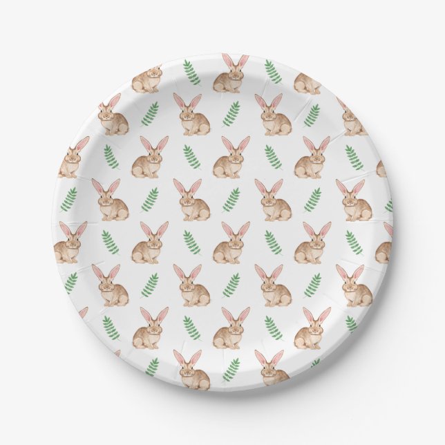 Watercolor Brown Easter Bunny And Greenery Pattern Paper Plate (Front)