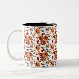 Watercolor Brown Floral Pattern Two-Tone Coffee Mug