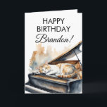 Watercolor Brown Grand Piano Cat Birthday Card<br><div class="desc">A relaxed cat resting on top of a grand piano,  surrounded by a cosy atmosphere,  perfect for a birthday serenade.</div>