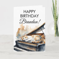 Watercolor Brown Grand Piano Cat Birthday