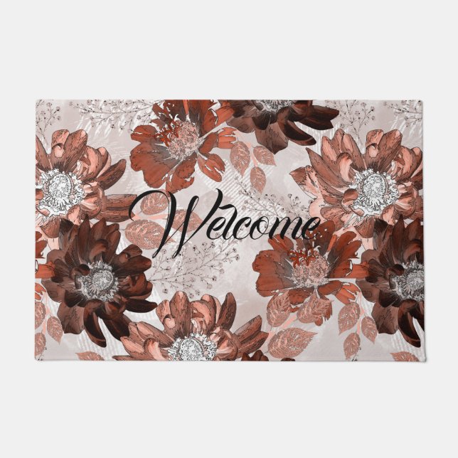Watercolor brown grey floral pattern. doormat (Front)