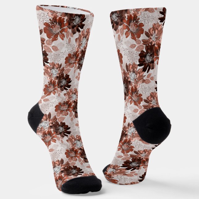 Watercolor brown grey floral pattern.  socks (Angled)