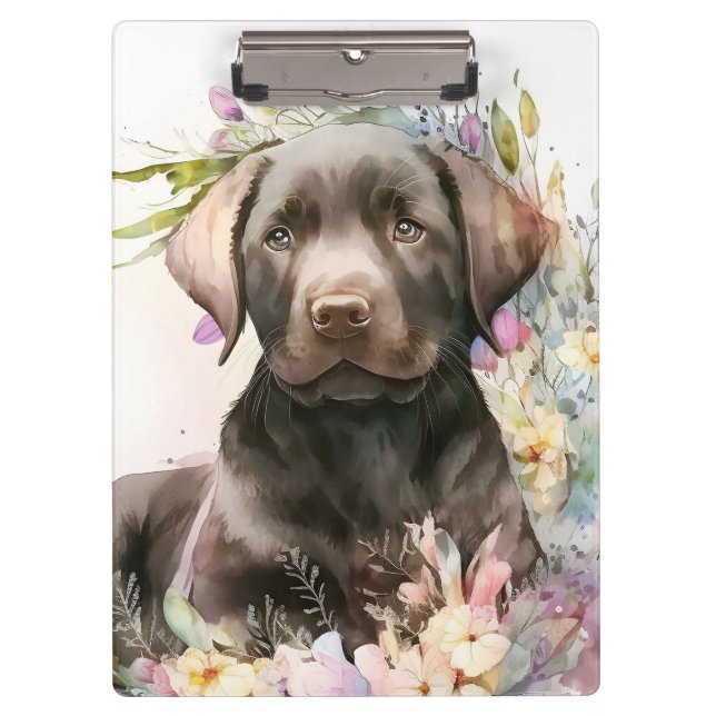 Watercolor Brown Labrador Retriever and Flowers Clipboard (Front)