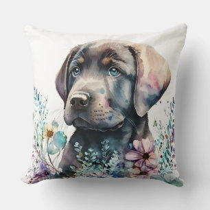 Watercolor Brown Labrador Retriever and Flowers Cushion