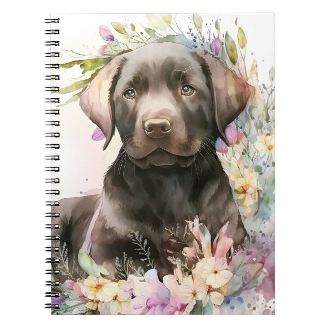 Watercolor Brown Labrador Retriever and Flowers Notebook (Front)