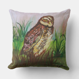 Watercolor Brown Owl with Green Leaves Background Cushion