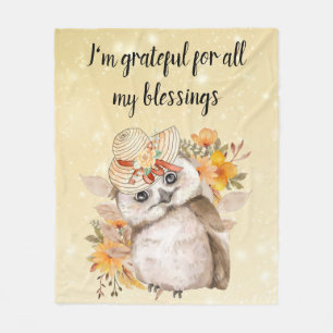 Watercolor Brown Owl with Green Leaves Background Fleece Blanket
