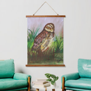Watercolor Brown Owl with Green Leaves Background Hanging Tapestry