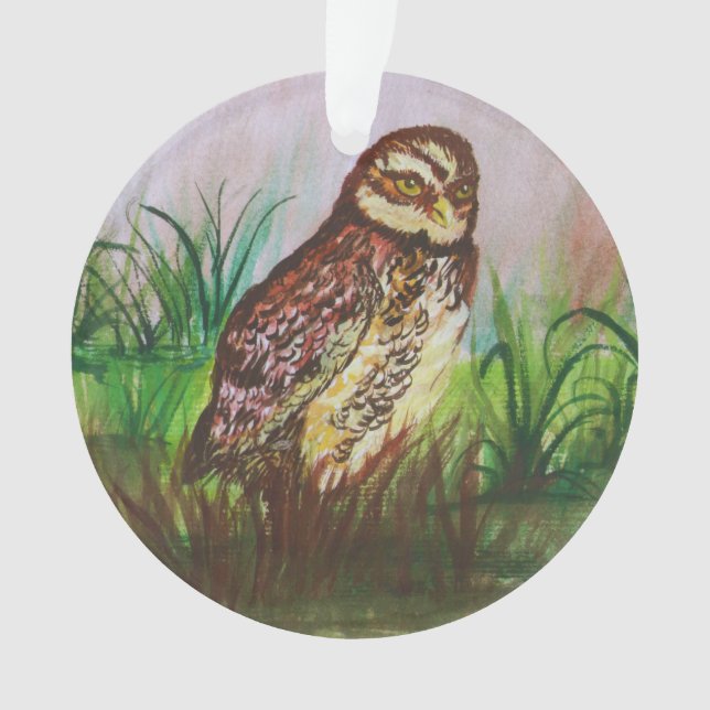 Watercolor Brown Owl with Green Leaves Background Ornament (Front)