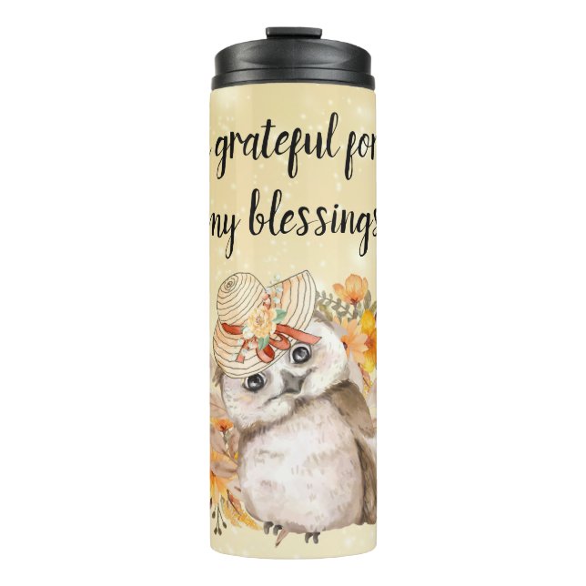 Watercolor Brown Owl with Green Leaves Background Thermal Tumbler (Front)