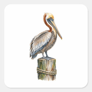 Watercolor Brown Pelican on Piling Square Sticker