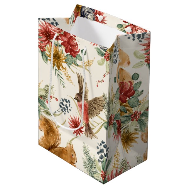 Watercolor Brown Pink Woodland Animals Pattern Medium Gift Bag (Front Angled)