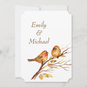 Watercolor Brown Red Gold Birds Wedding Invite