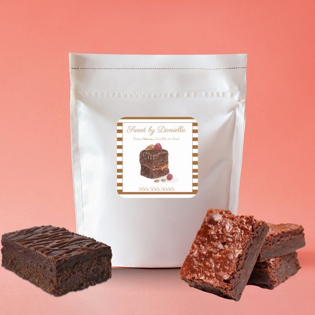 Watercolor Brownie Bakery Sweets Square Sticker (Great logo sticker for your home bakery business or food gifts.)