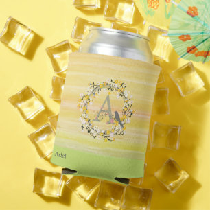 Watercolor Brush Lines, Spring Wreath Monogram Can Cooler