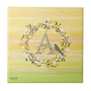 Watercolor Brush Lines, Spring Wreath Monogram Ceramic Tile