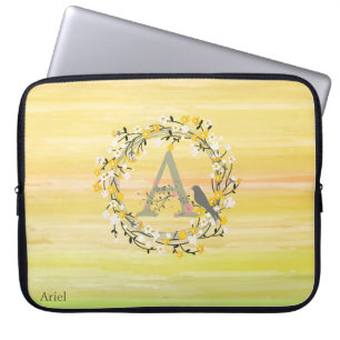 Watercolor Brush Lines, Spring Wreath Monogram Laptop Sleeve