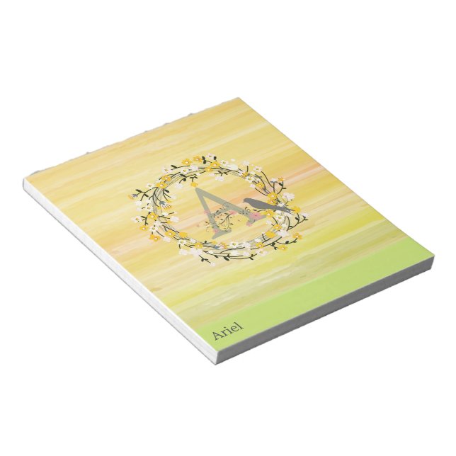 Watercolor Brush Lines, Spring Wreath Monogram Notepad (Angled)