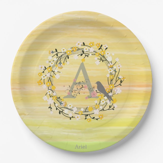 Watercolor Brush Lines, Spring Wreath Monogram Paper Plate (Front)