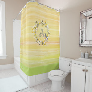 Watercolor Brush Lines, Spring Wreath Monogram Shower Curtain