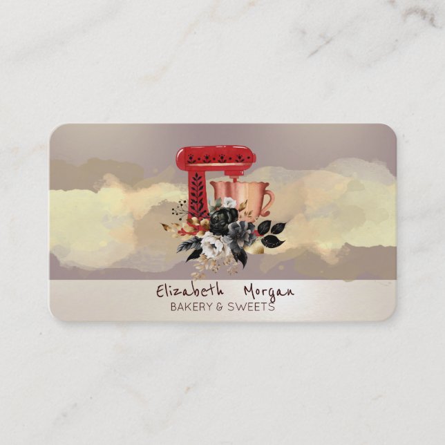  Watercolor Brush Stroke Black Flowers Cake Mixer Business Card (Front)