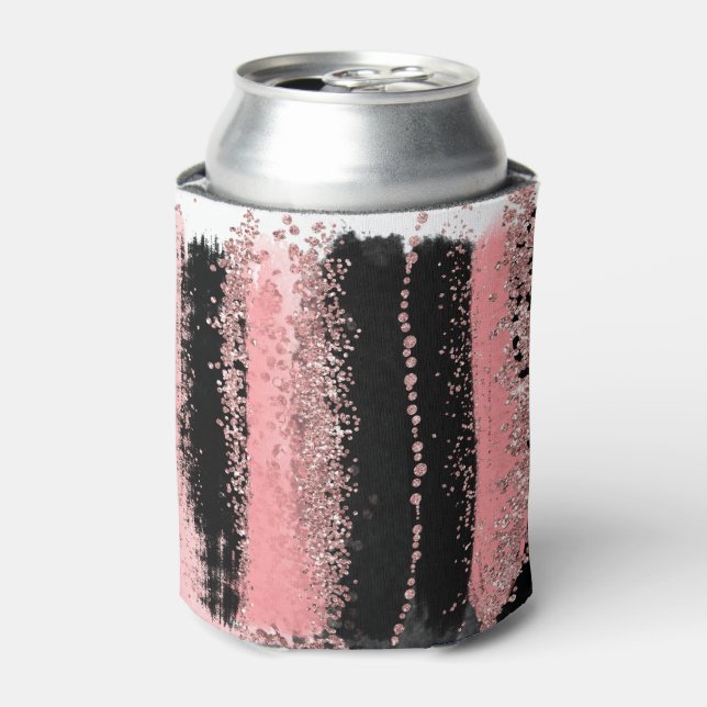 Watercolor Brush Strokes Rose Gold Faux Glitter Can Cooler (Can Front)