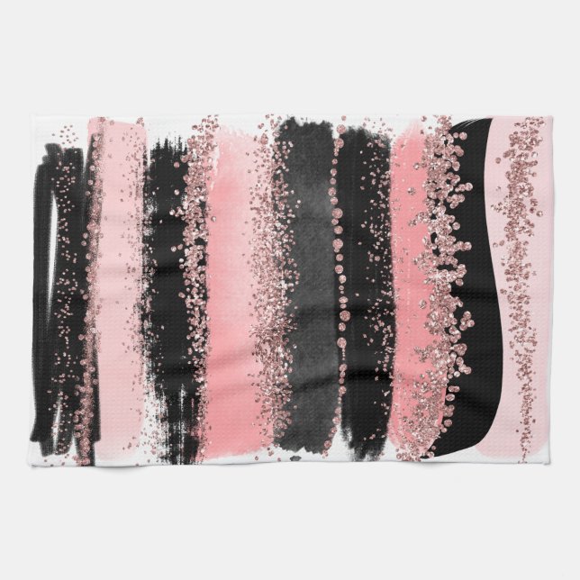 Watercolor Brush Strokes Rose Gold Faux Glitter Tea Towel (Horizontal)