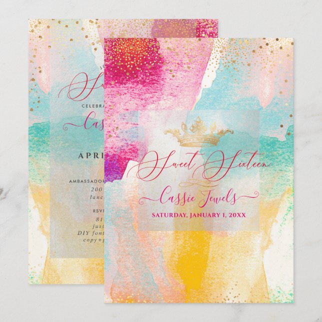 Watercolor Brush Strokes Sweet Sixteen Invitation (Front/Back)