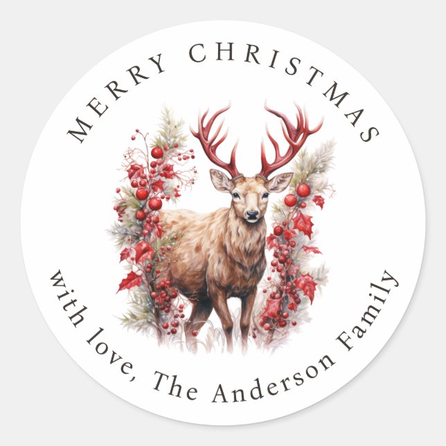 Watercolor Buck Christmas Classic Round Sticker (Front)