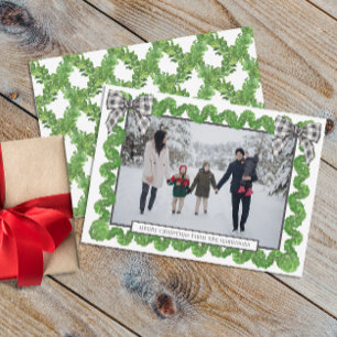 Watercolor Buffalo Plaid Black Bow Garland Photo Holiday Card