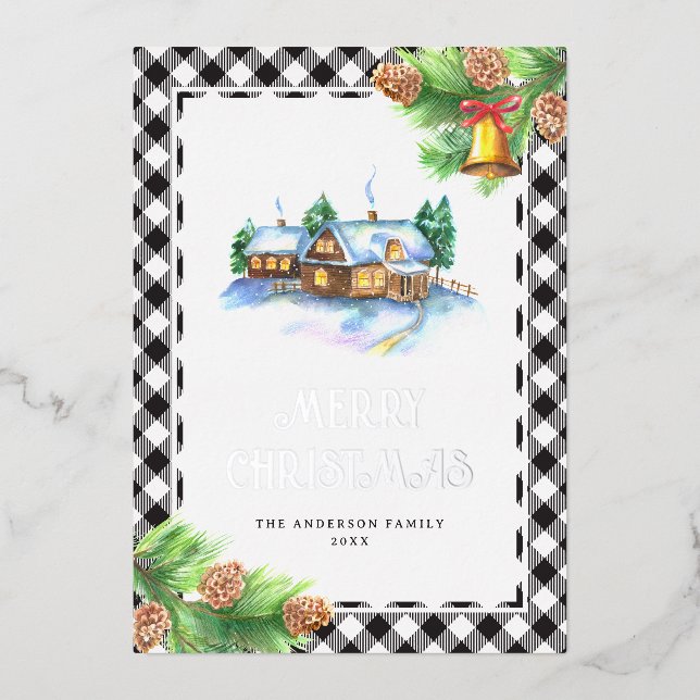 Watercolor Buffalo Plaid Silver Foil Holiday Card (Front)