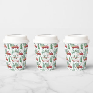 Watercolor Buffalo Plaid Vintage Truck Christmas Paper Cups