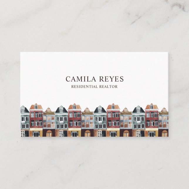 Watercolor Buildings Real Estate Agent Skyline Business Card (Front)