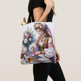 Watercolor Bulgarian Folk Woman Floral Easter Eggs Tote Bag
