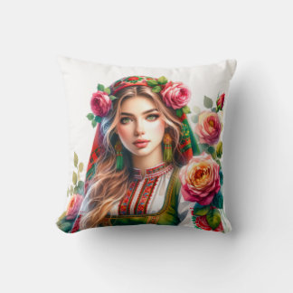 Watercolor Bulgarian Roses & Folk Woman Ethnic  Cushion