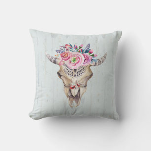 Watercolor Bull Skull And Colourful Roses Cushion