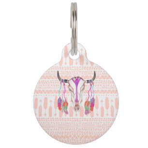 Watercolor Bull Skull Feathers and Arrow Aztec Pet Tag