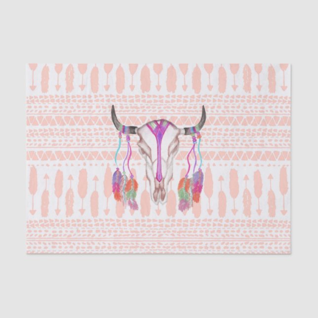 Watercolor Bull Skull Feathers and Arrow Aztec Tissue Paper (Front)