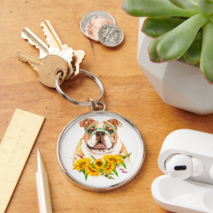 Watercolor Bulldog & Sunflowers  Key Ring