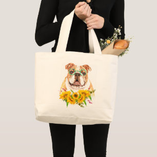 Watercolor Bulldog & Sunflowers  Large Tote Bag