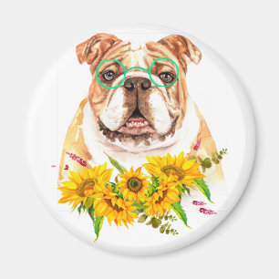 Watercolor Bulldog & Sunflowers Magnet