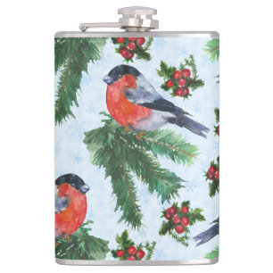 watercolor bullfinch hip flask