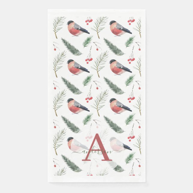 Watercolor Bullfinch Pine Fir Monogram Christmas Napkin (Front)